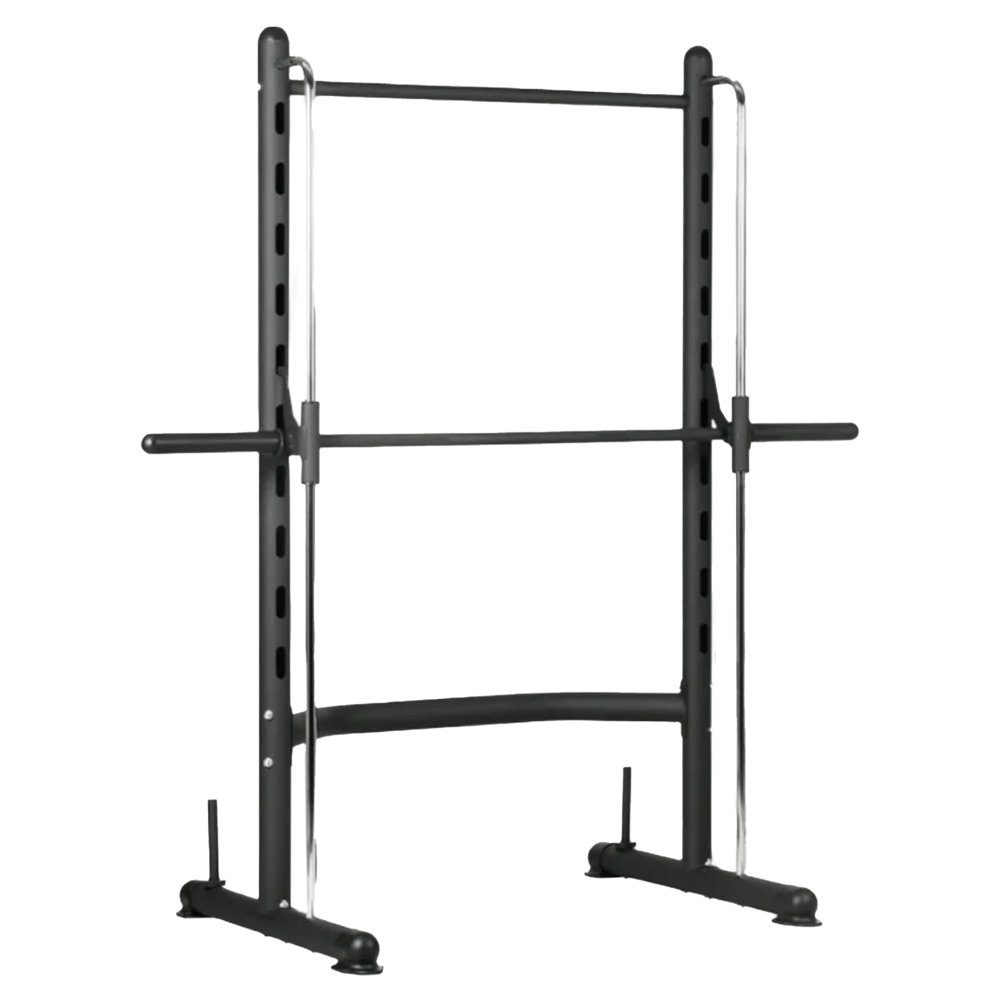 A black Smith Machine Squat Rack with Pull-Up Bar, designed for use in fitness training.