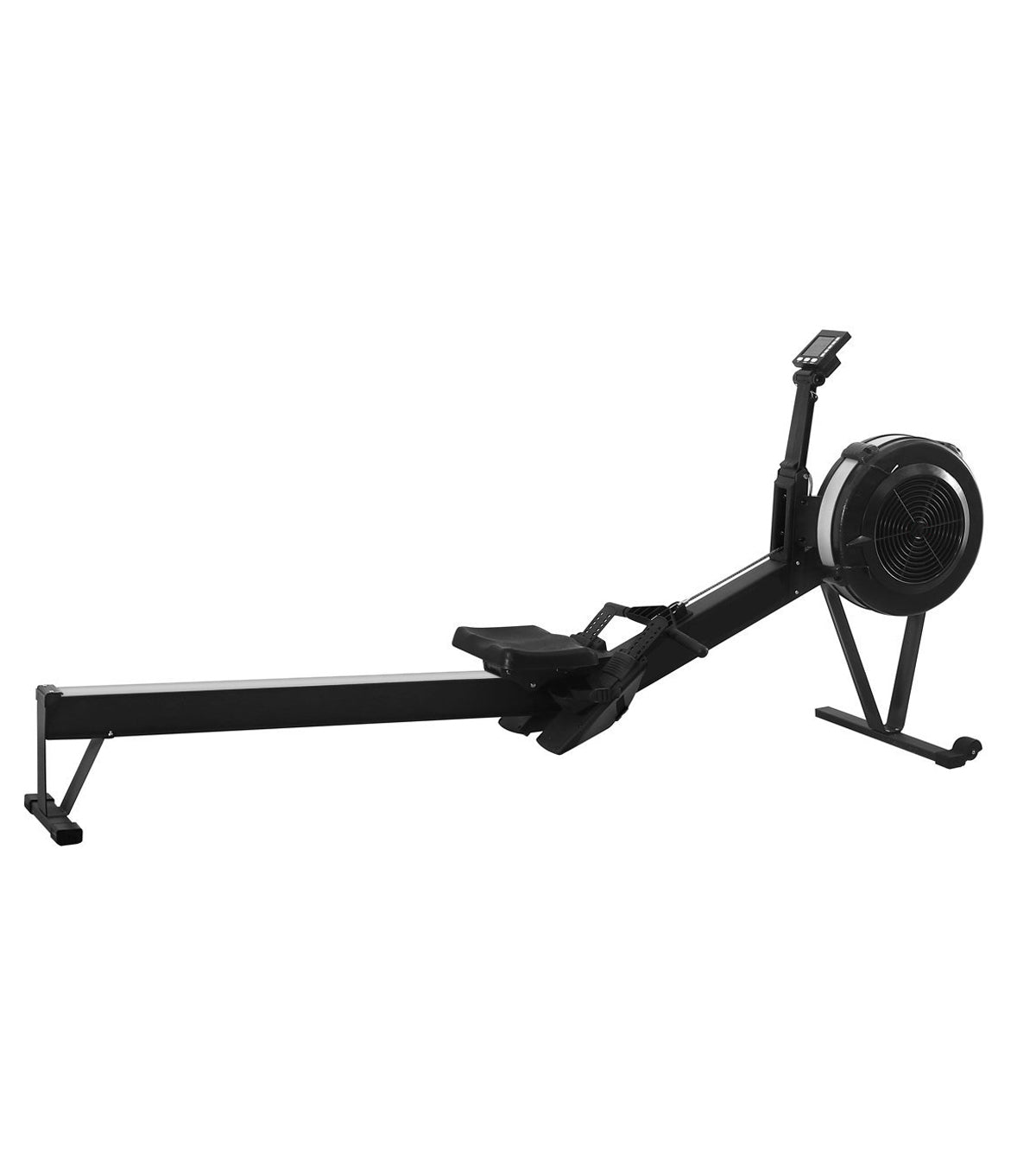 Black rowing machine on a white background