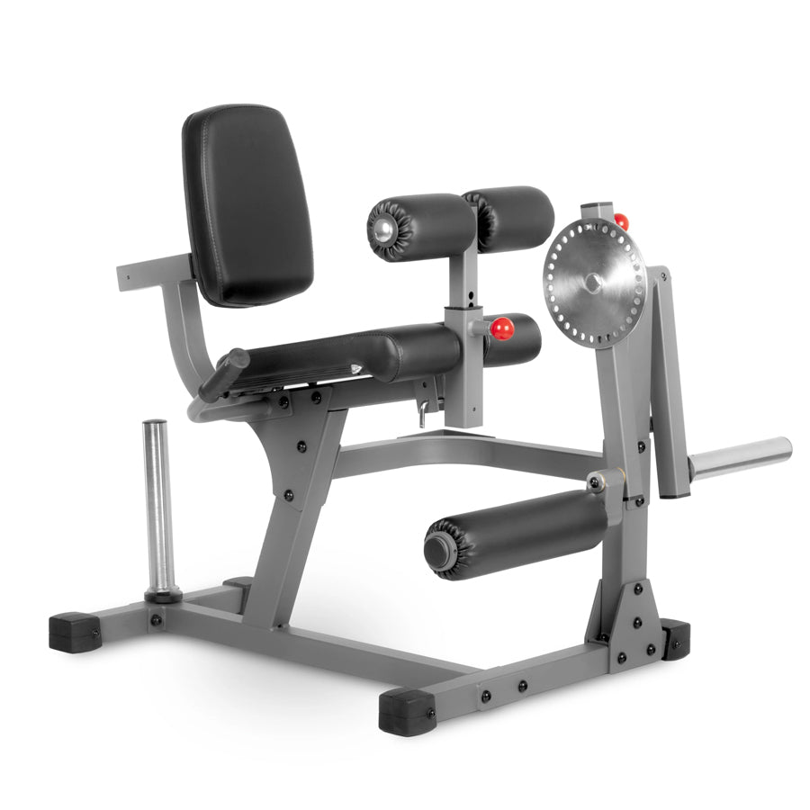 A professional leg extension and curl machine with a gray steel frame and black padded comfort seating.