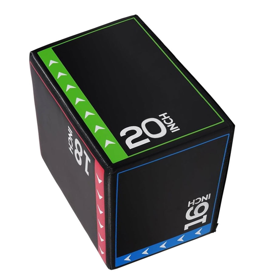 A 3-in-1 soft plyometric jump box with non-slip surface, marked with measurements for 20 inch, 24 inch, and 30 inch heights on the sides.