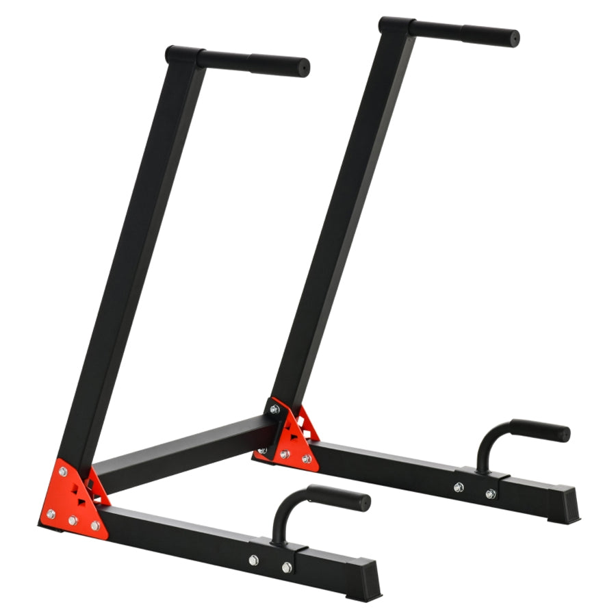 A heavy-duty dip station with a black frame and red accents, designed for upper body strength training in a home gym setting.
