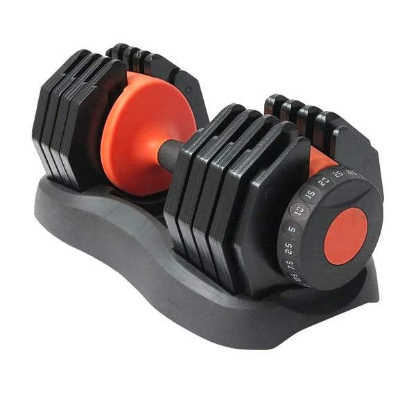 Pair of adjustable dumbbells with black and orange design on a white background