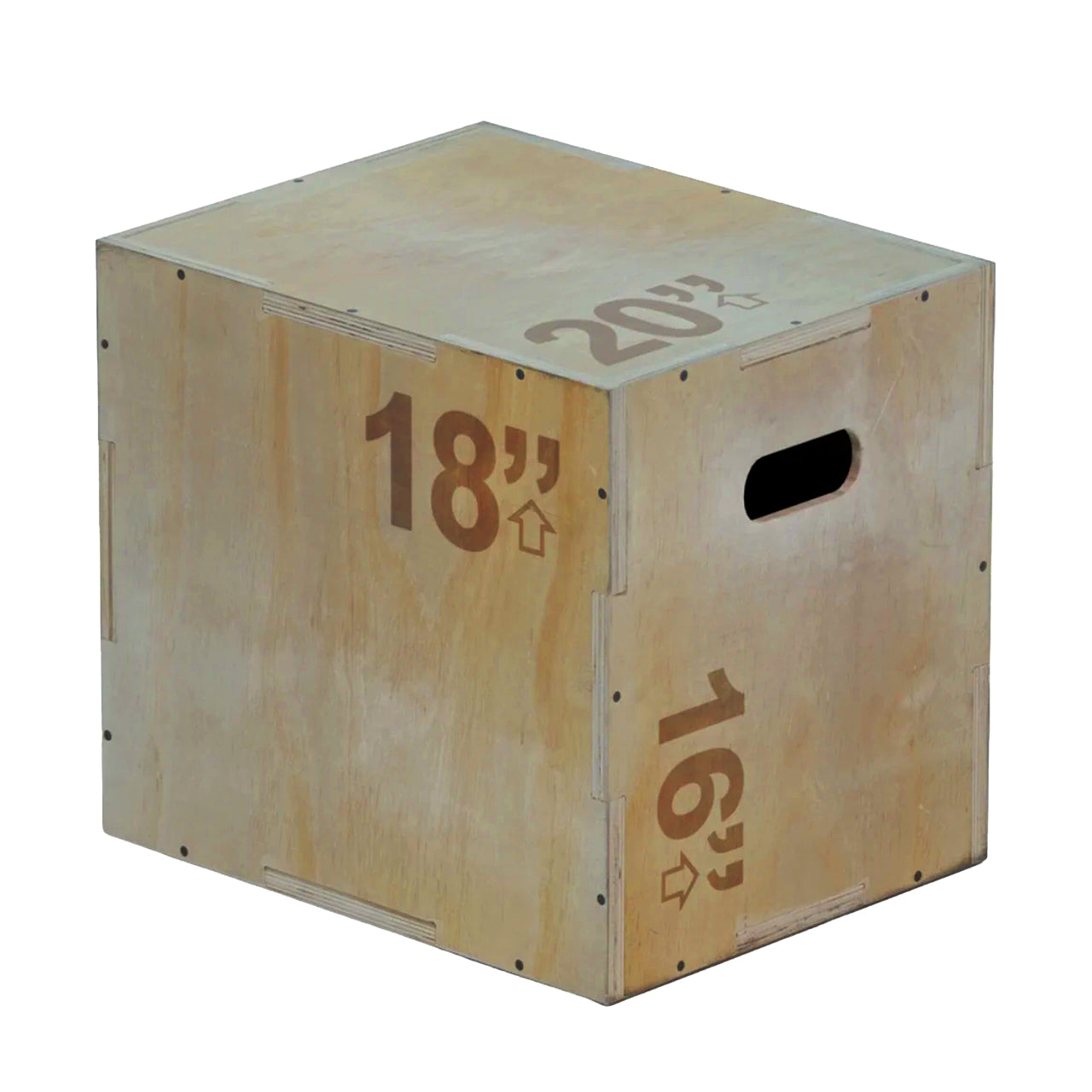 A beige 3-in-1 wooden plyometric jump box with marked heights for box jumps and step-ups.
