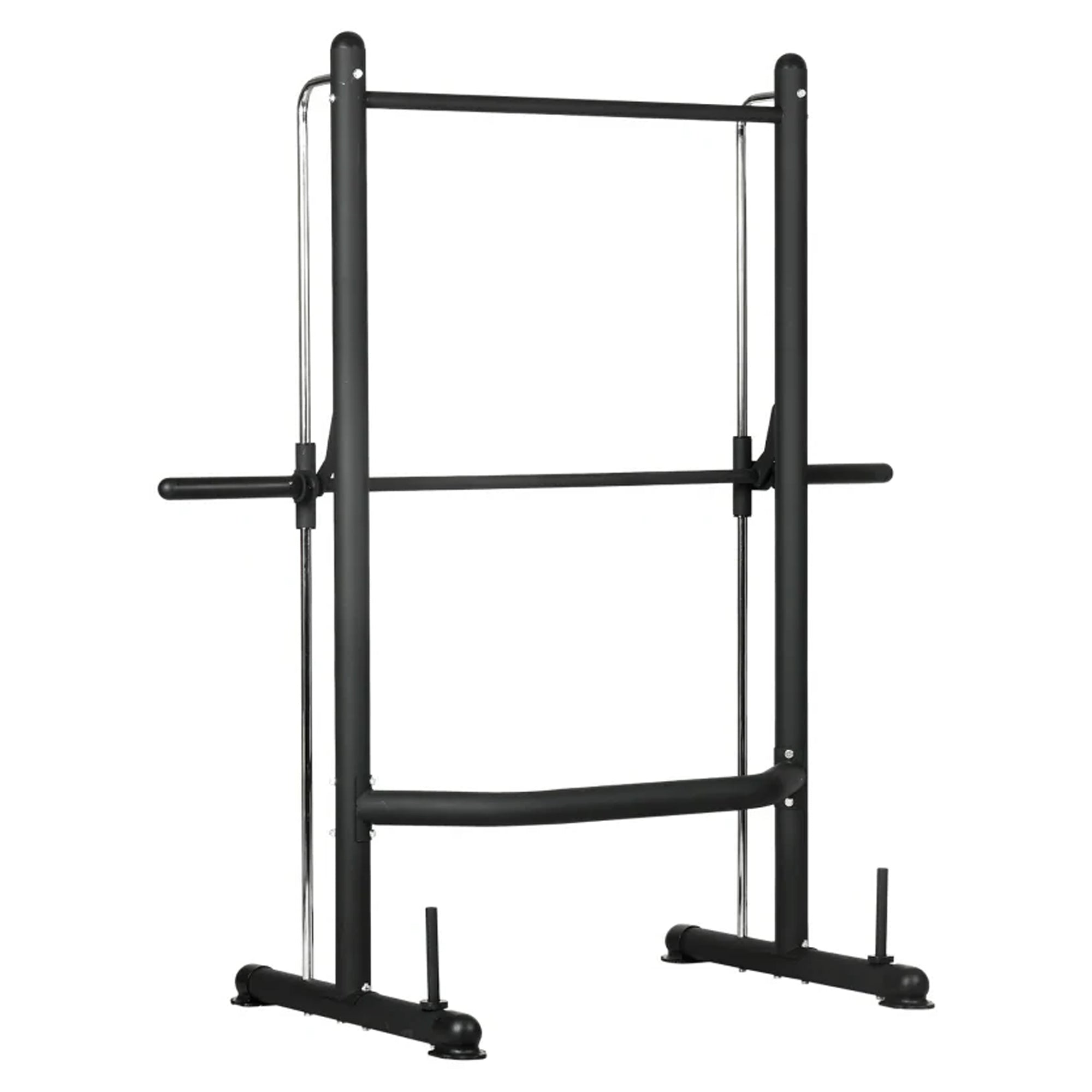 Black metal fitness power rack on a white background