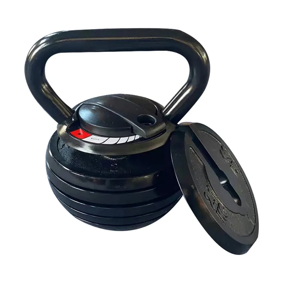 Black kettlebell with weight plate on white background