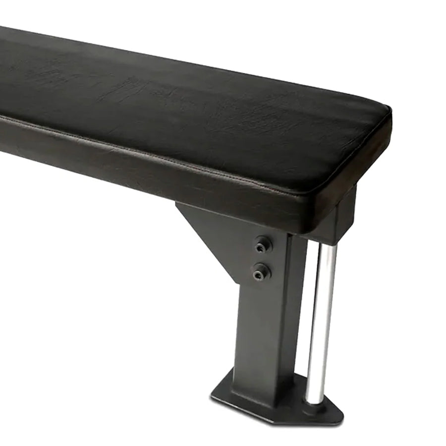 Black flat bench with metal legs on a white background