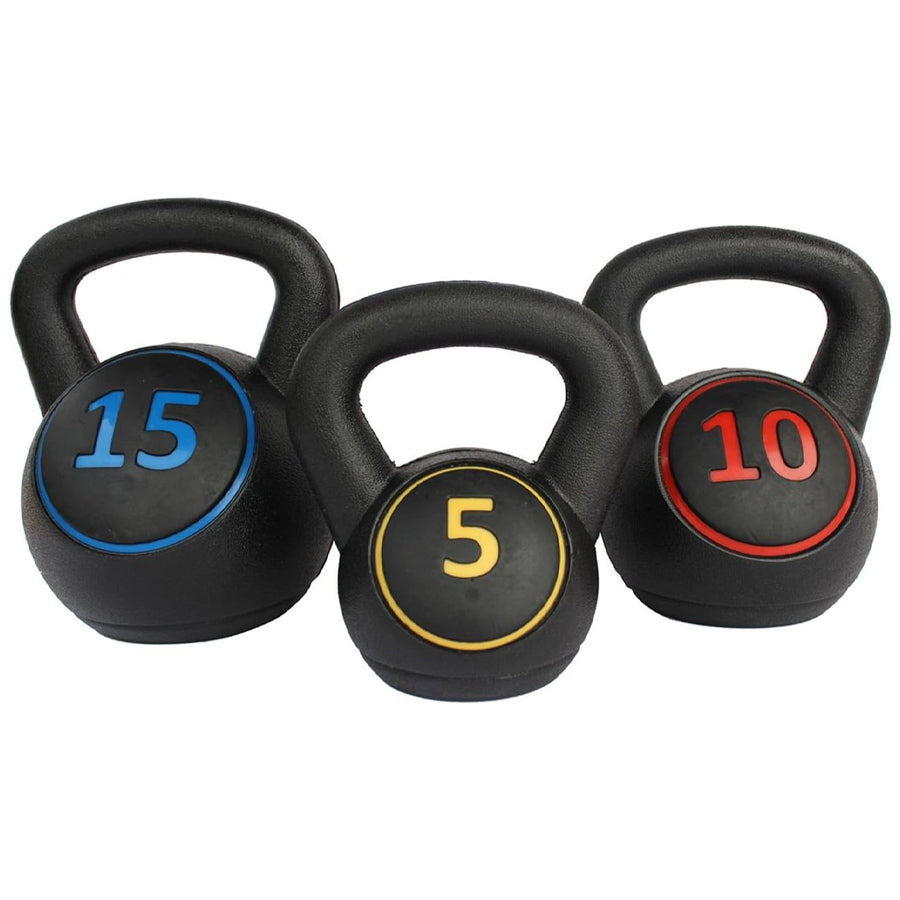Three black kettlebells with colored numbers on a white background