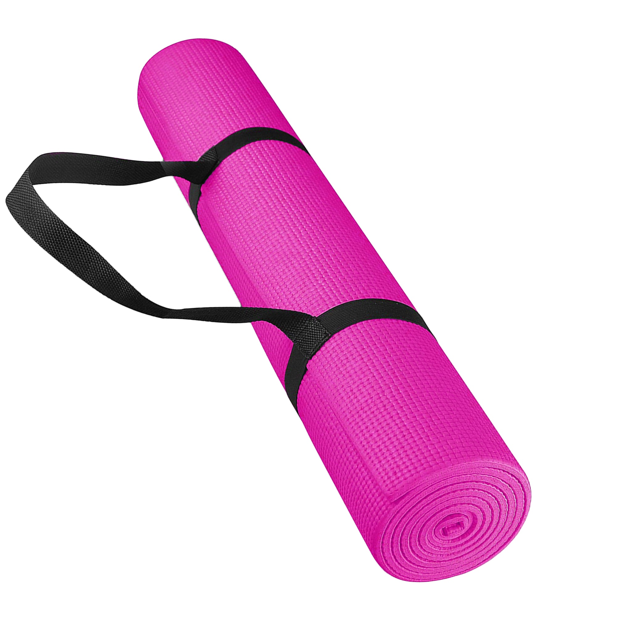 A rolled up purple yoga mat with a black carrying strap.