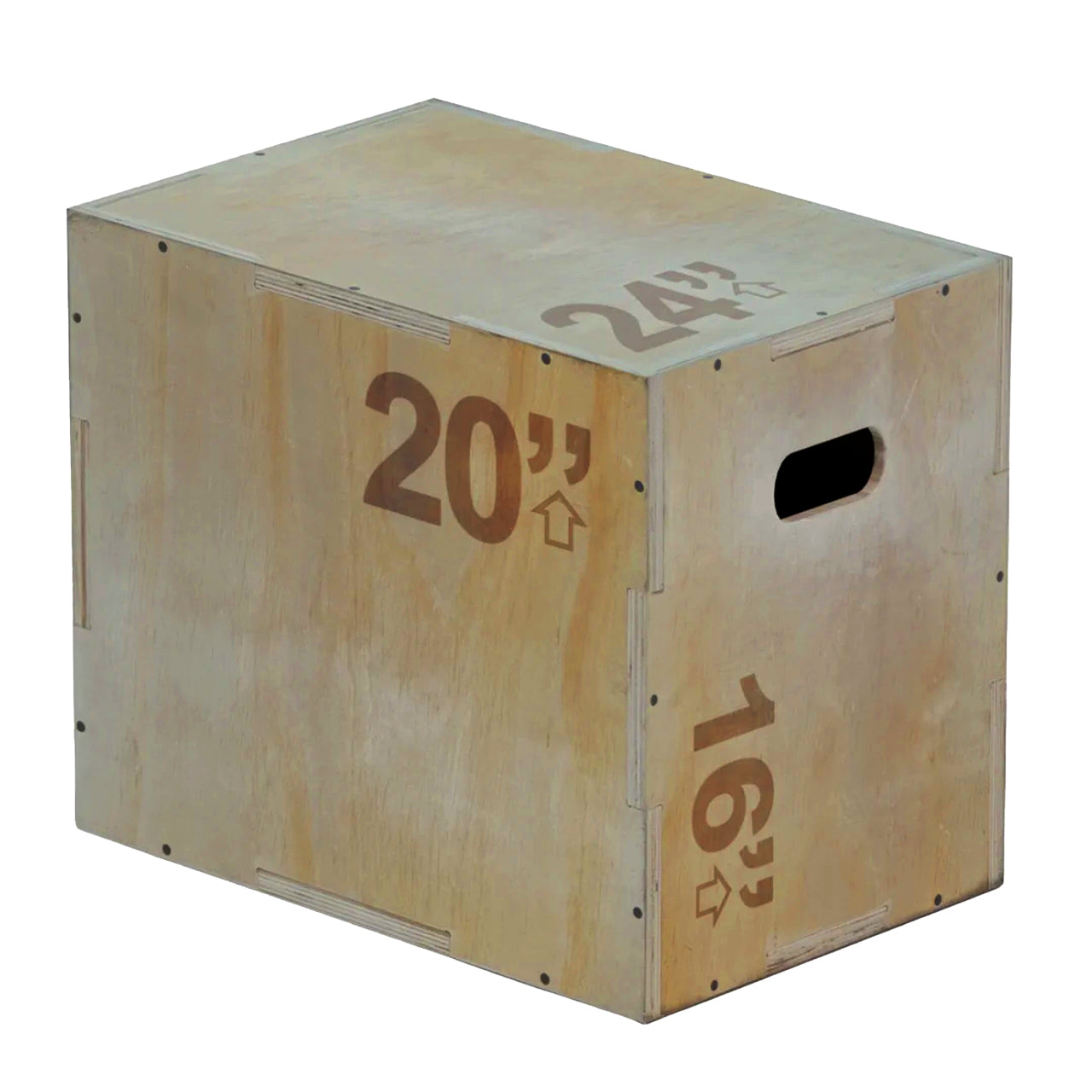 A beige 3-in-1 wooden plyometric jump box with marked heights for box jumps and step-ups.