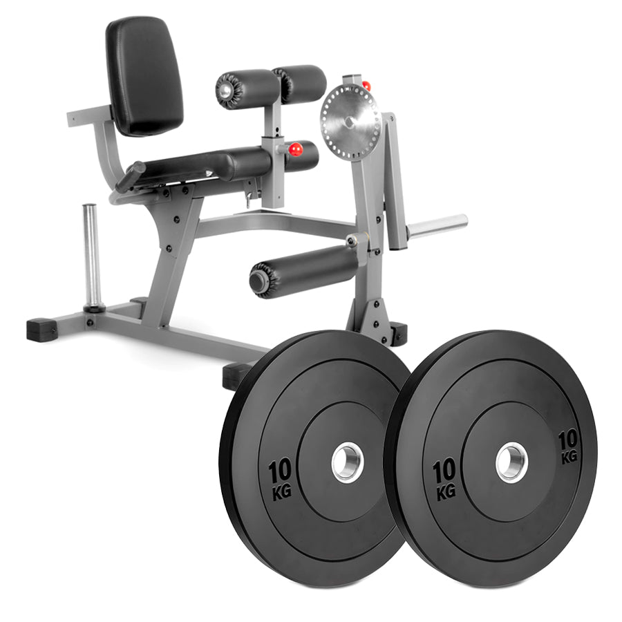 A professional leg extension and curl machine with a gray steel frame and black padded comfort seating.