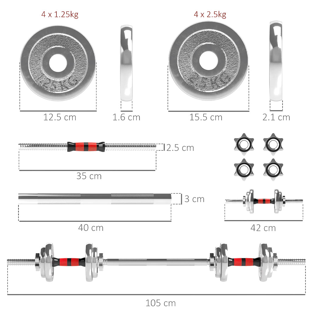 20kg Cast Iron Adjustable Dumbbell & Barbell Set | 2-in-1 Free Weights with Non-Slip Handle | Strength Training Equipment for Men & Women | Home Gym Fitness Kit
