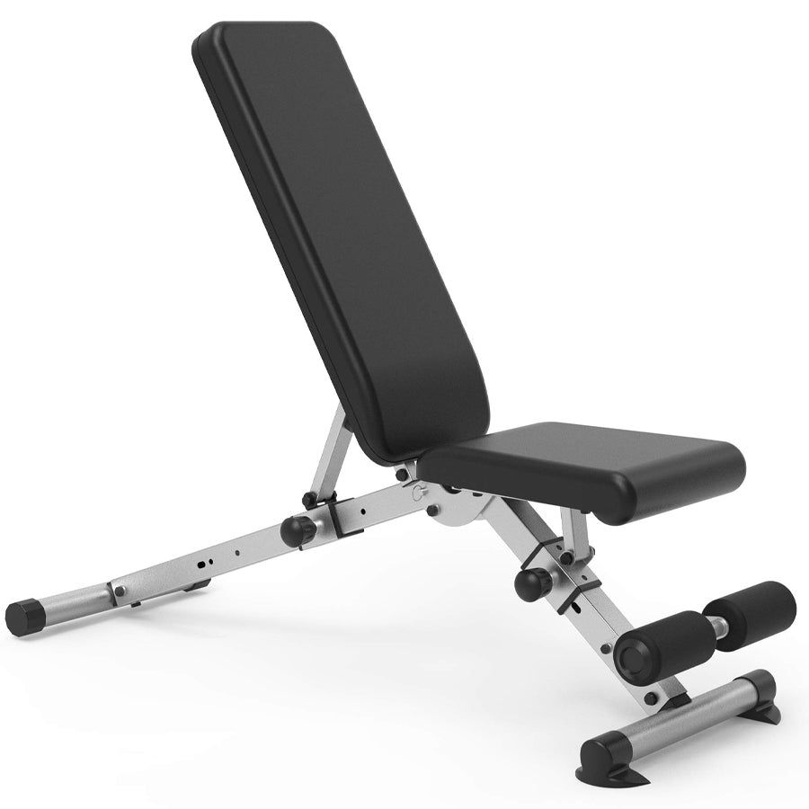 Black adjustable weight bench on a white background