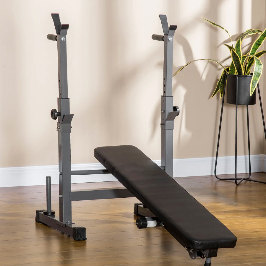 Black weight bench with weight rack on a wooden floor, plant in the background