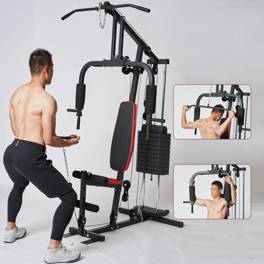 Man using a home gym setup with inset images showing different exercises.