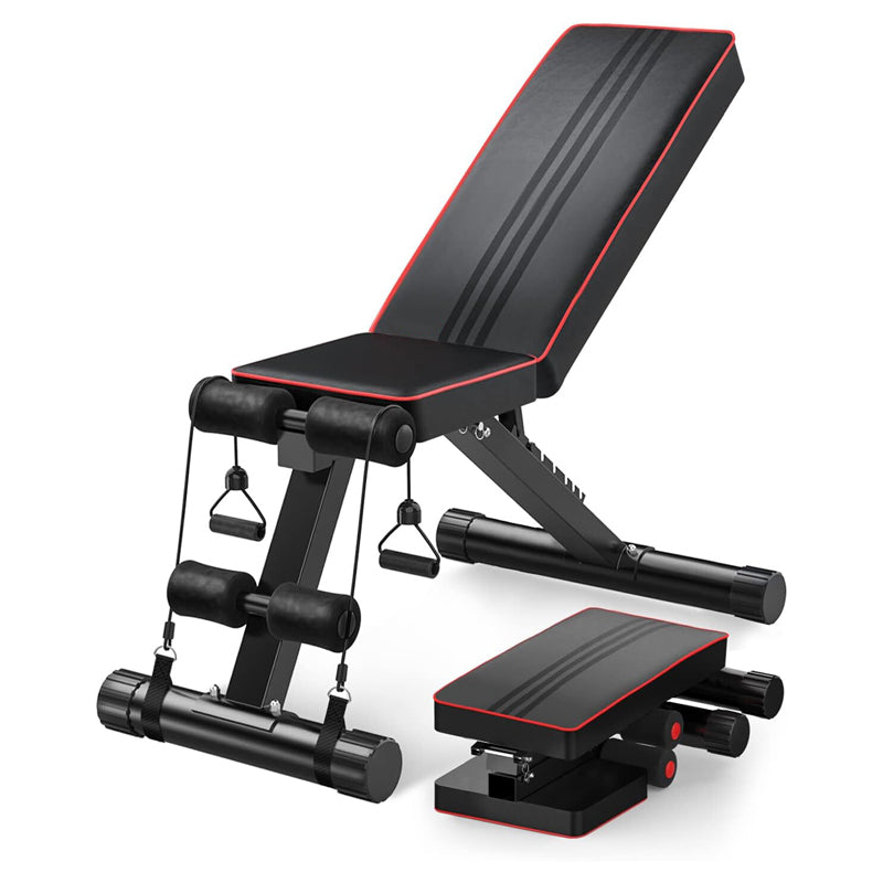 Black and red adjustable weight bench on a white background