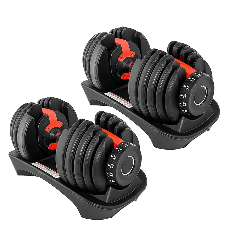 Pair of adjustable dumbbells on a white background