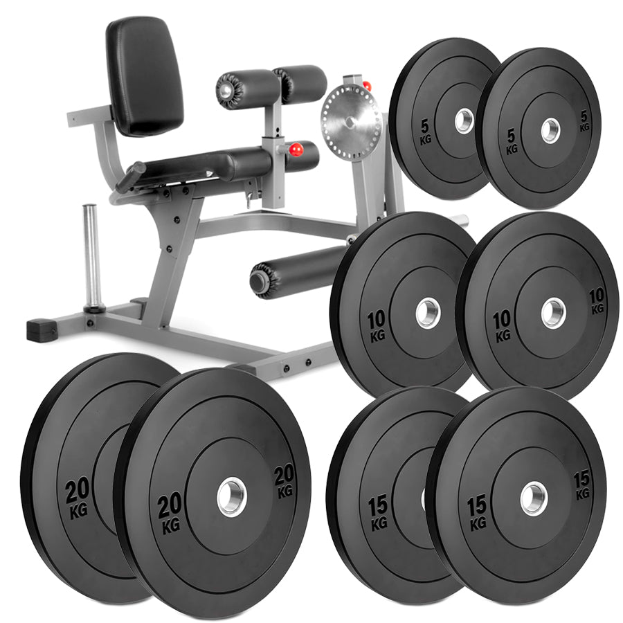 A professional leg extension and curl machine with a gray steel frame and black padded comfort seating.