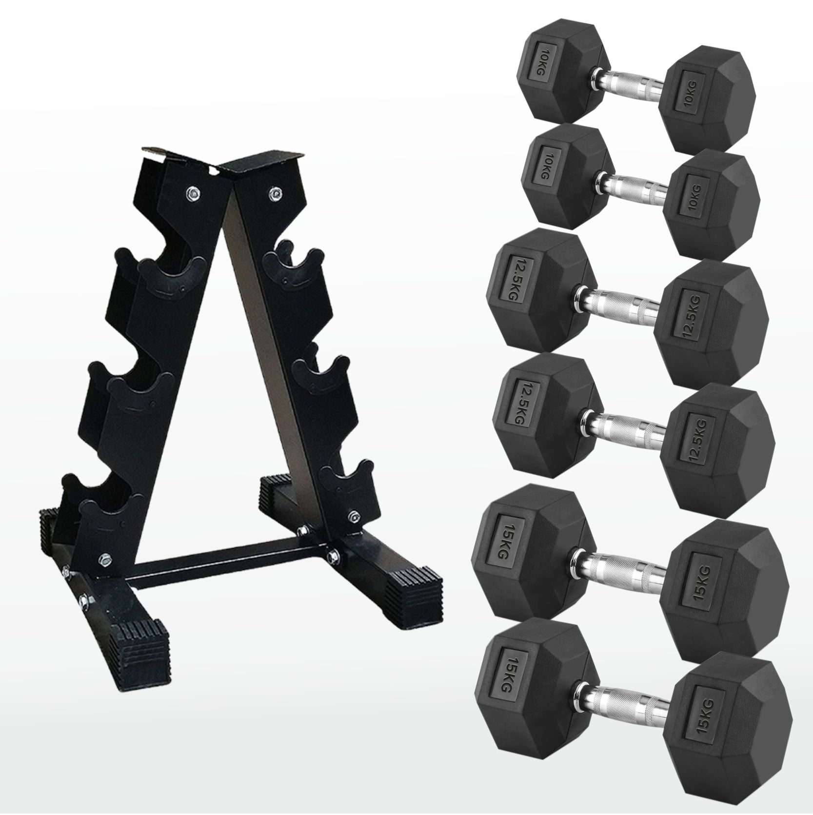 Black dumbbell rack and set of hexagonal dumbbells on a white background