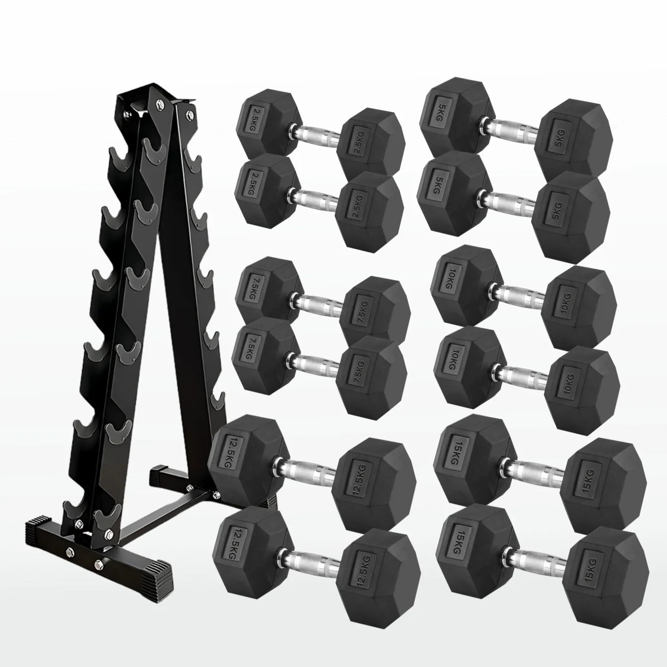 Set of hexagonal dumbbells with a black metal rack on a white background