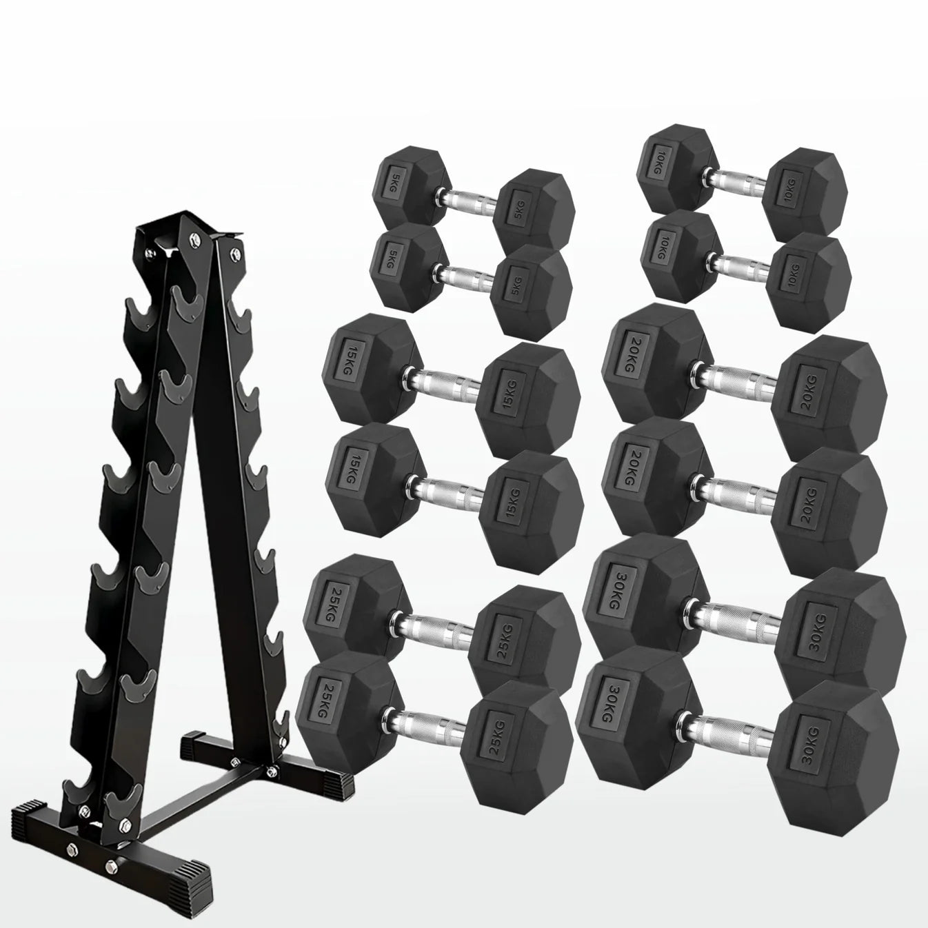 Set of hexagonal dumbbells with a black metal rack on a white background