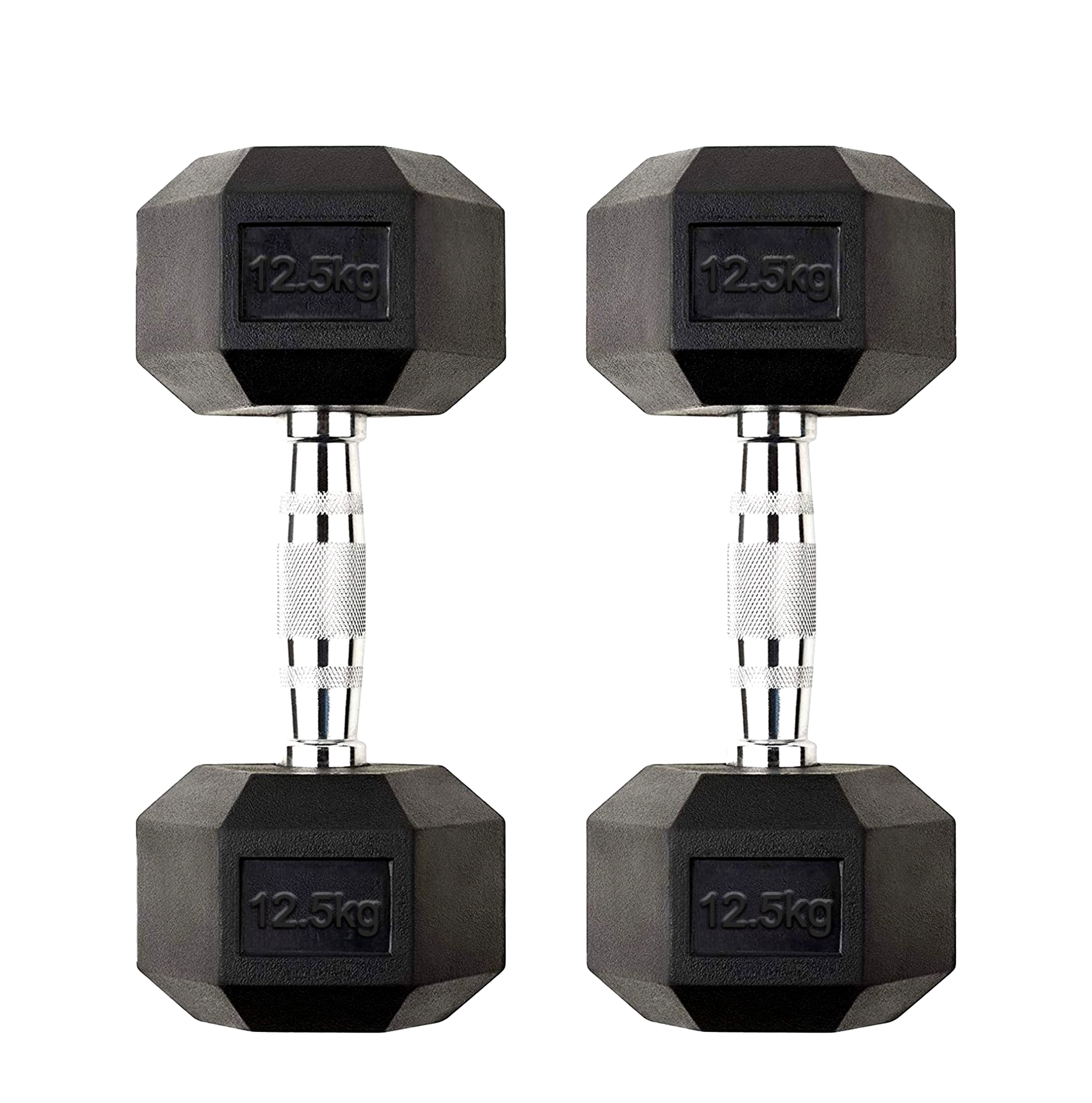 Pair of black hexagonal dumbbells with '12.5kg' marking on a white background