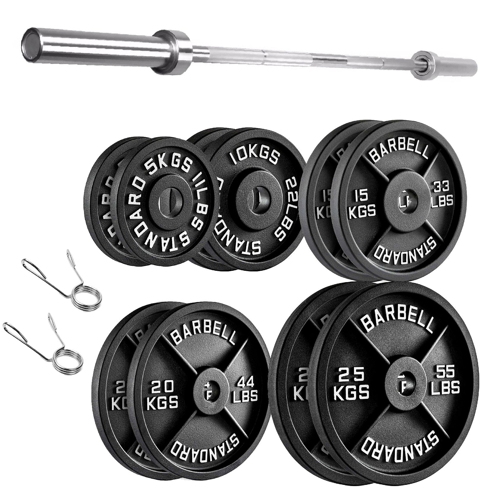 Barbell set with weight plates and bar on a white background