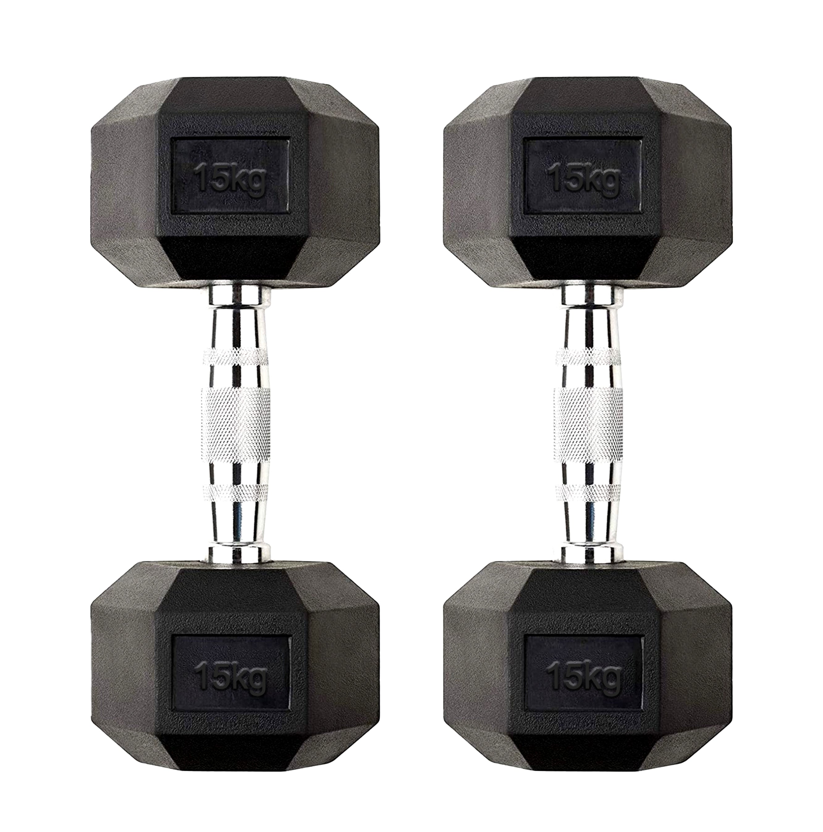 Pair of black hexagonal dumbbells with '15kg' marking on a white background