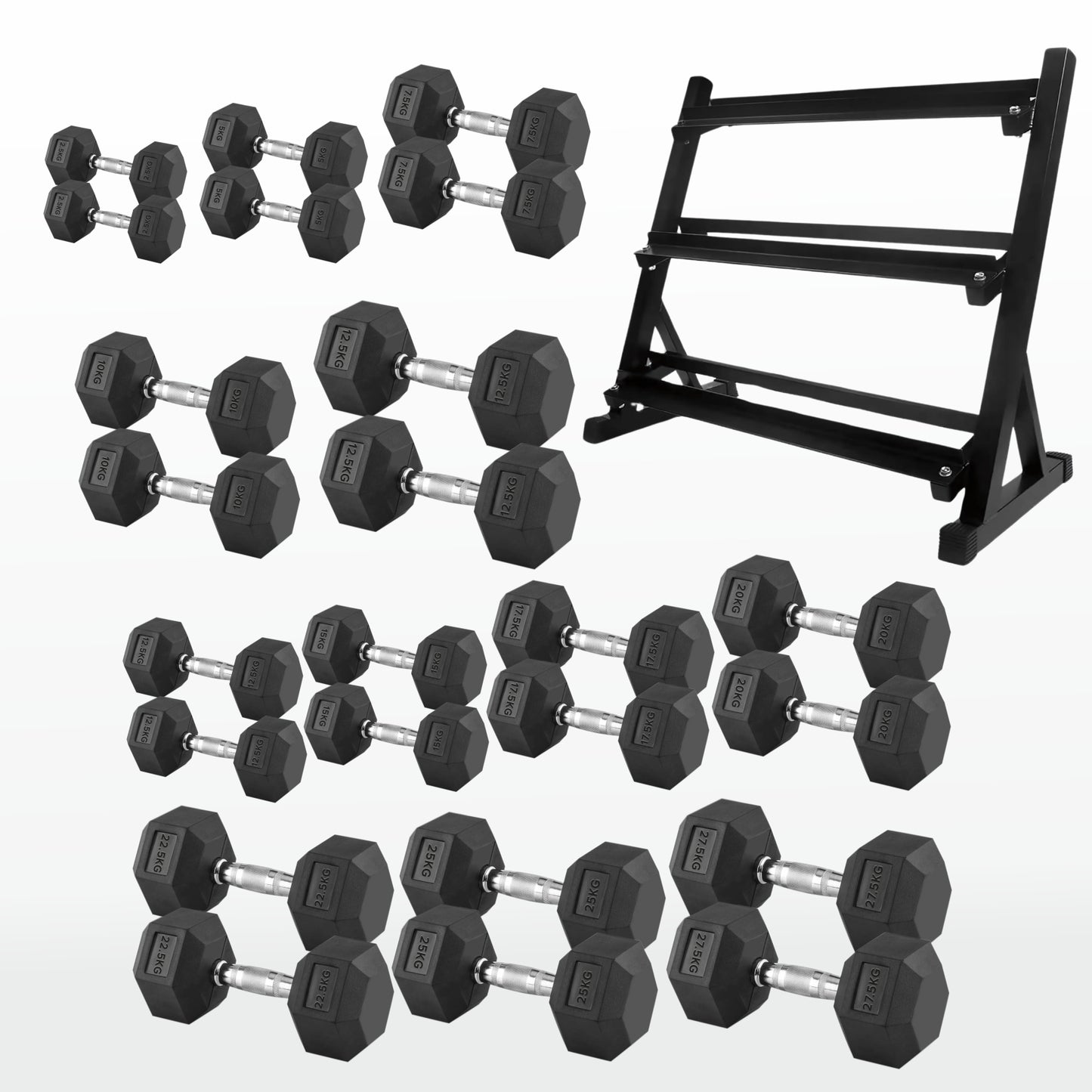 Premium Rubber-Coated Hex Dumbbells - Professional Grade Anti-Roll Design for Home and Commercial Strength Training 2.5kg-60kg