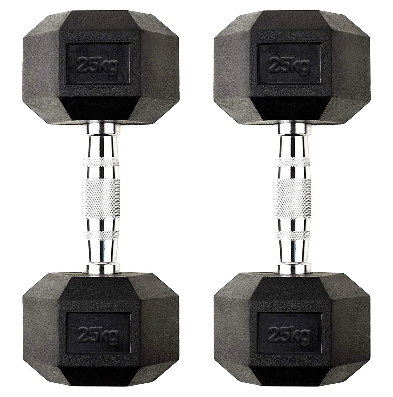 Pair of black hexagonal dumbbells with '25kg' marking on a white background