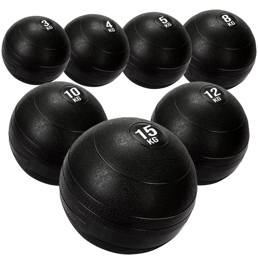 7 black heavy duty slam balls with a textured surface and the white background