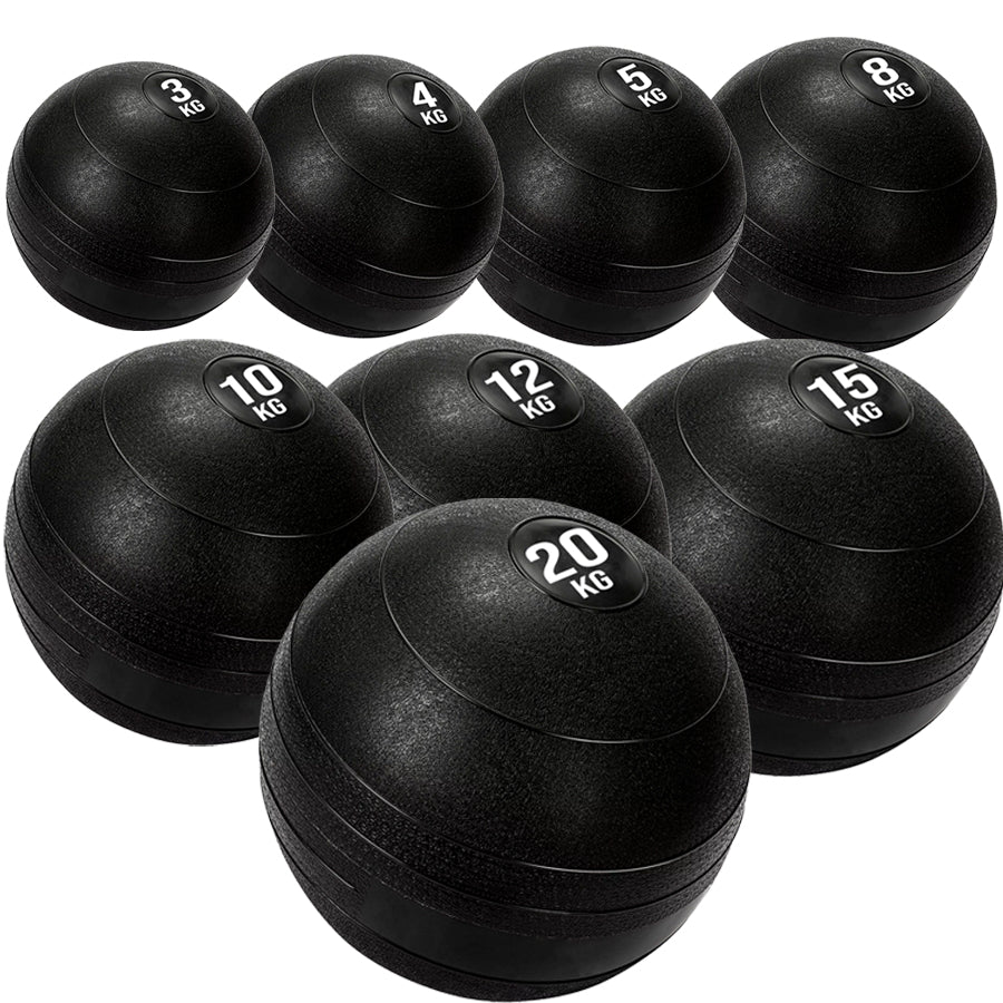 8 black heavy duty slam balls with a textured surface and the white background