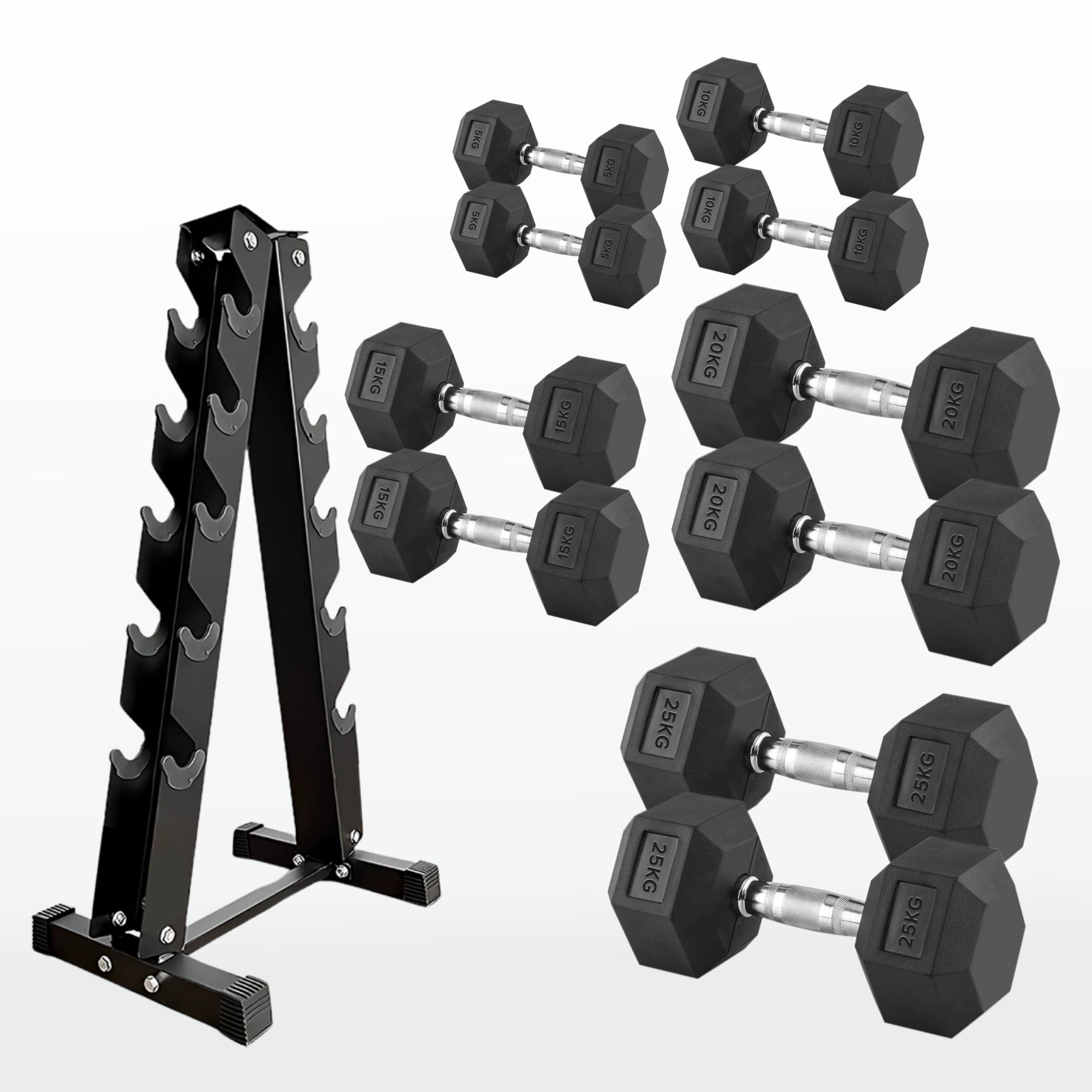 Set of hexagonal dumbbells with a black metal stand on a white background