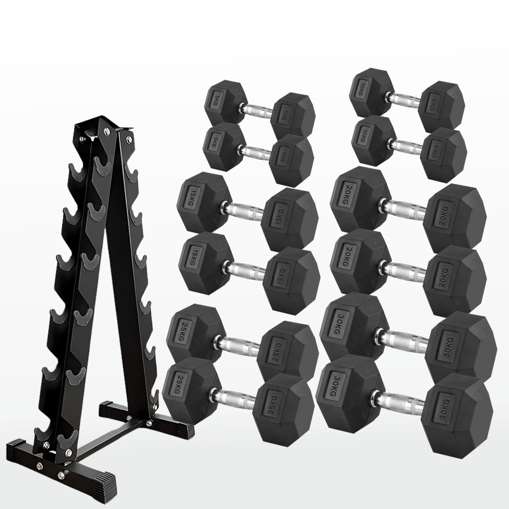 Set of hexagonal dumbbells with a metal rack on a white background