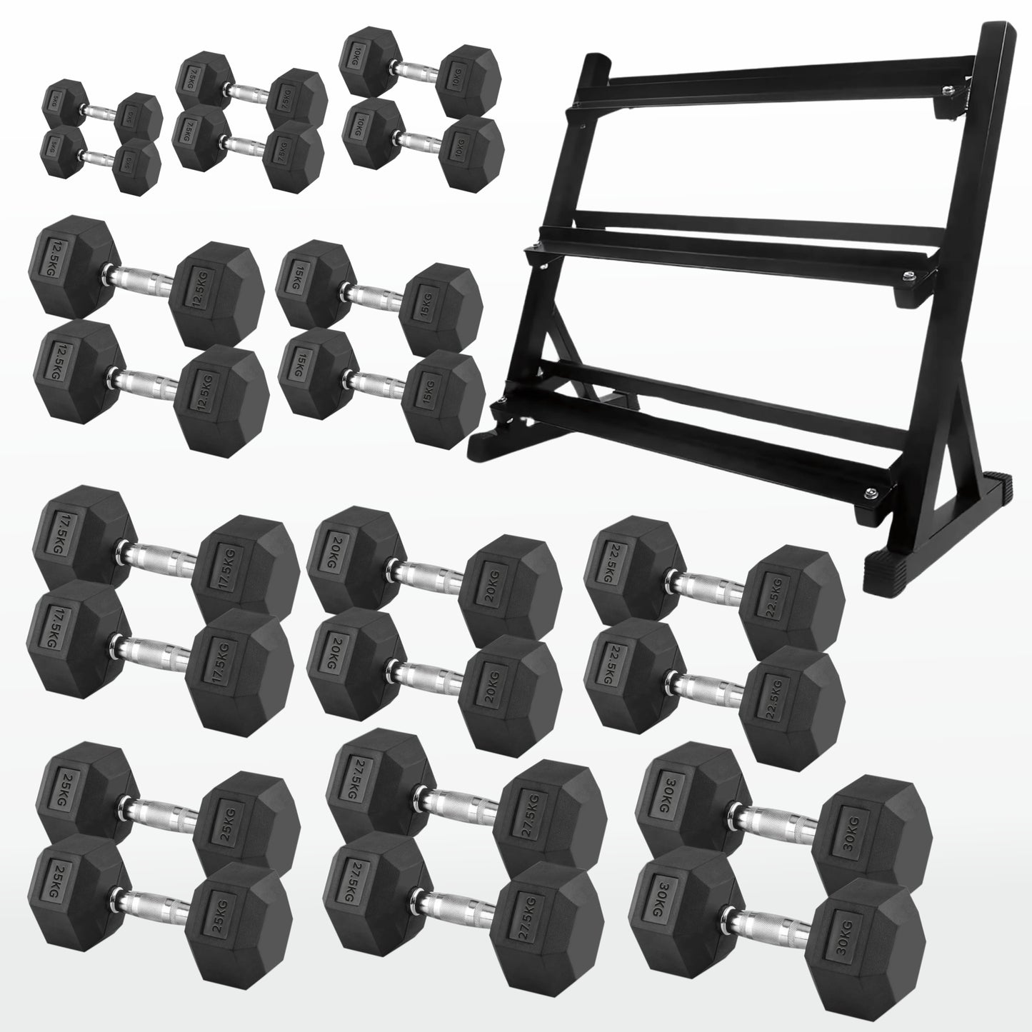 Premium Rubber-Coated Hex Dumbbells - Professional Grade Anti-Roll Design for Home and Commercial Strength Training 2.5kg-60kg