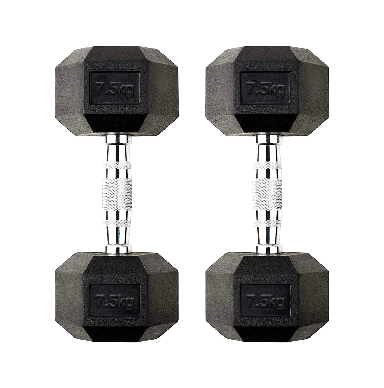 Pair of black hexagonal dumbbells with '7.5kg' marking on a white background
