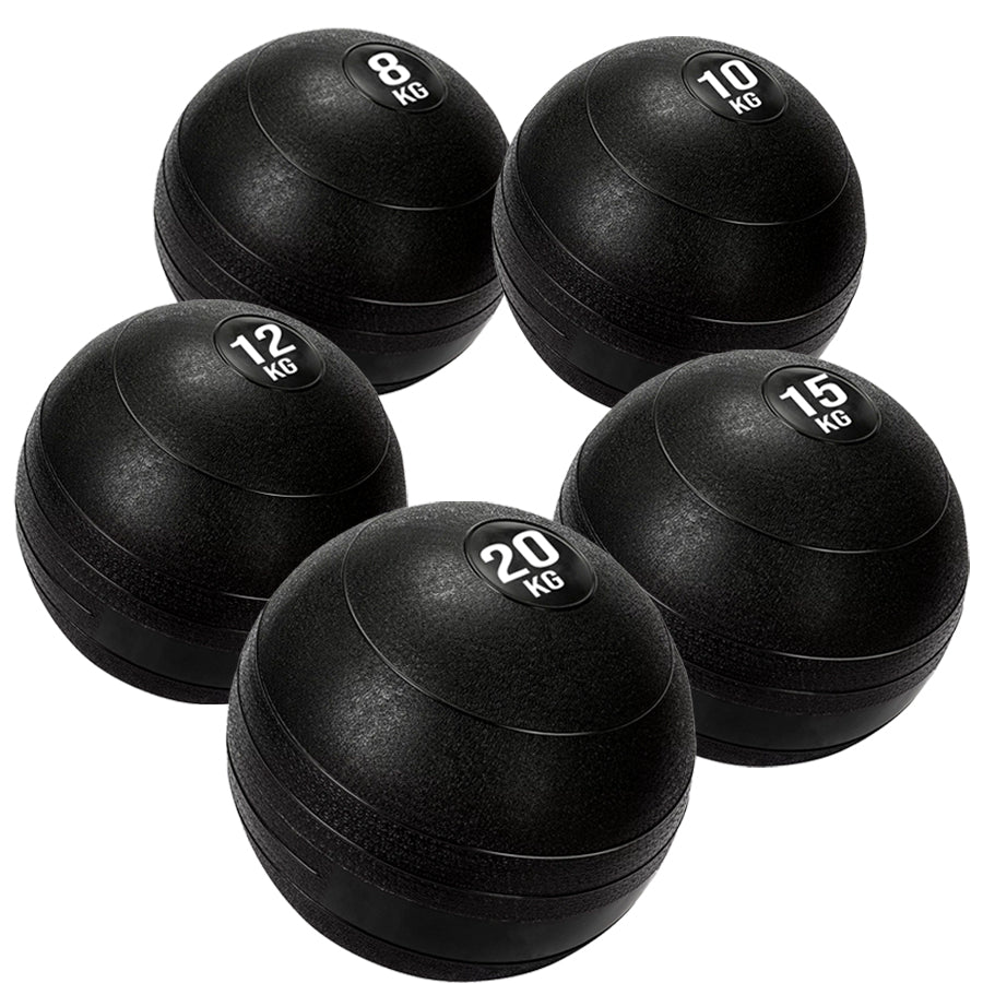 5 black heavy duty slam balls with a textured surface and the white background