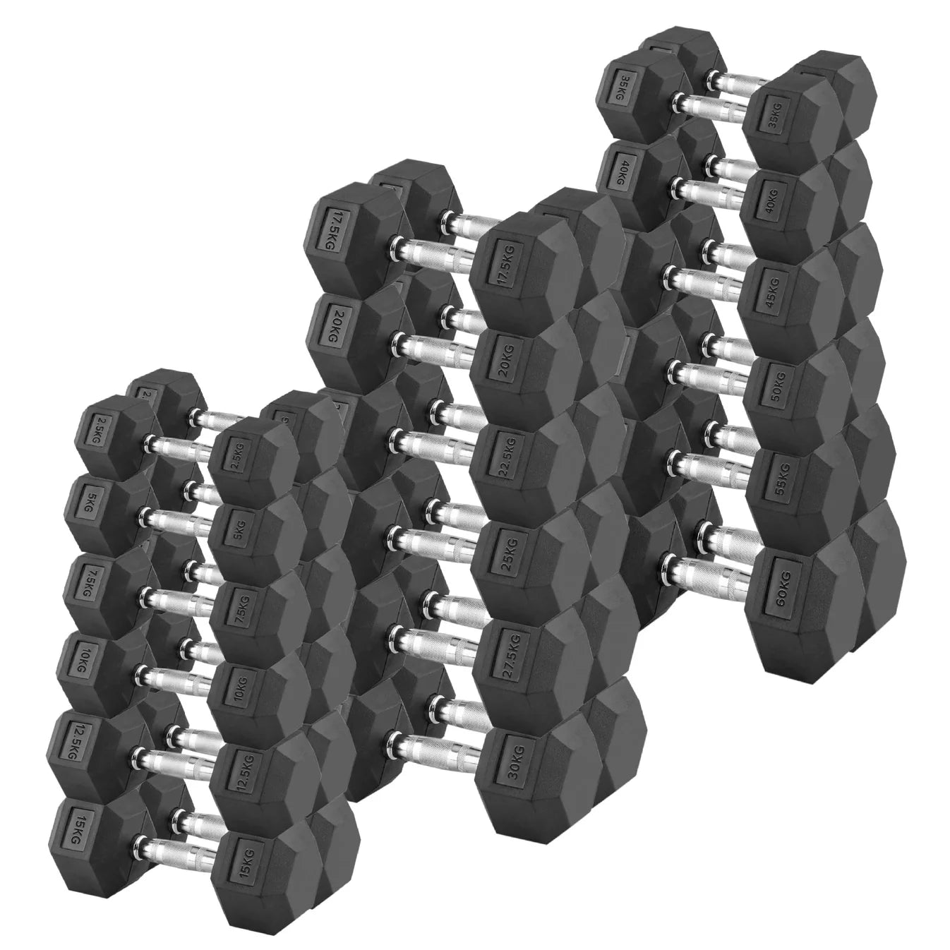 Set of black hexagonal dumbbells on a white background
