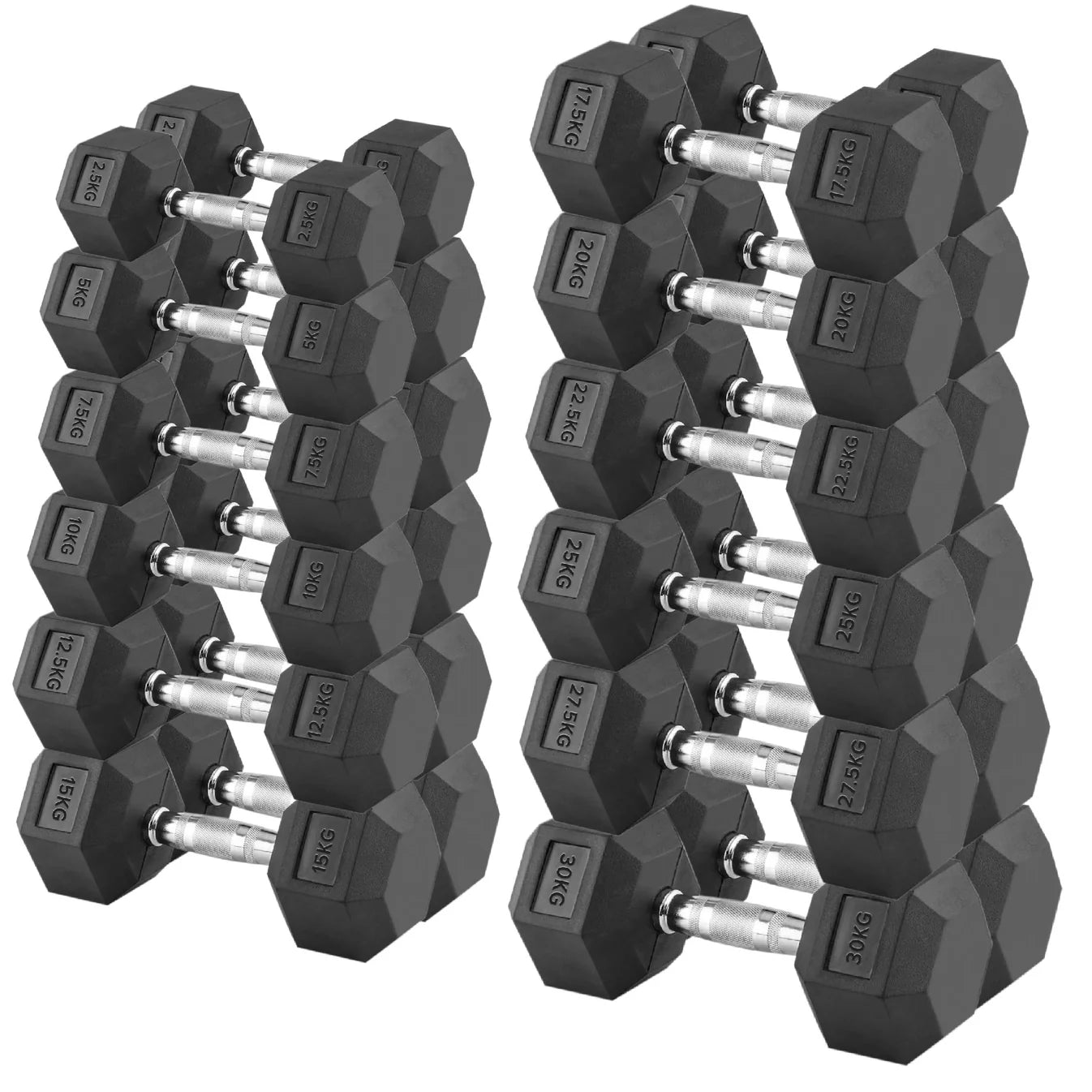 Pair of black hexagonal dumbbells on a white background