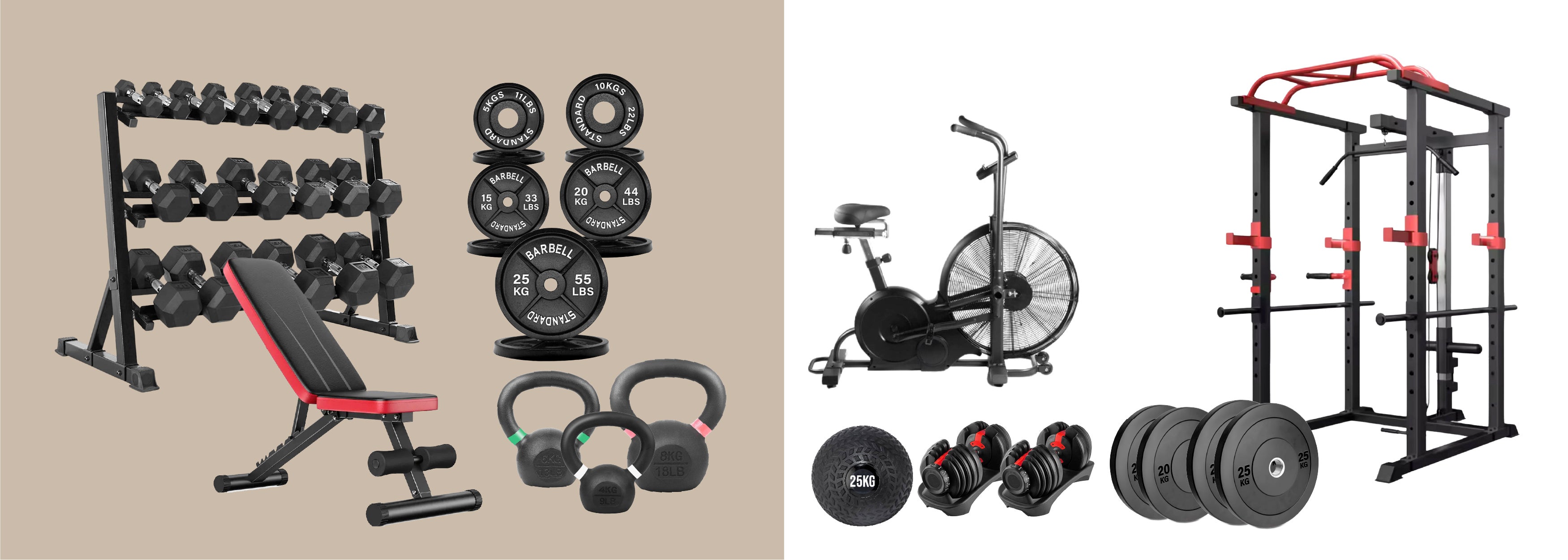 Collection of gym equipment including weights, bench, and cardio machines on a beige background.