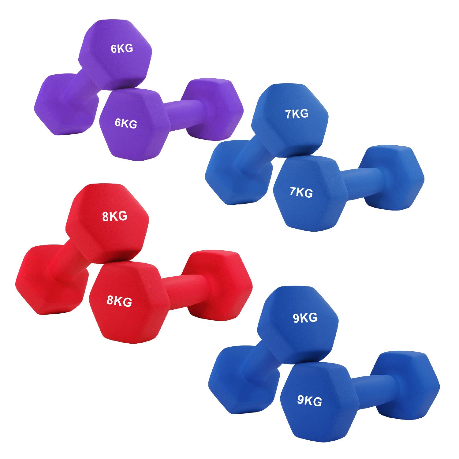 Set of colorful dumbbells with weight markings on a white background