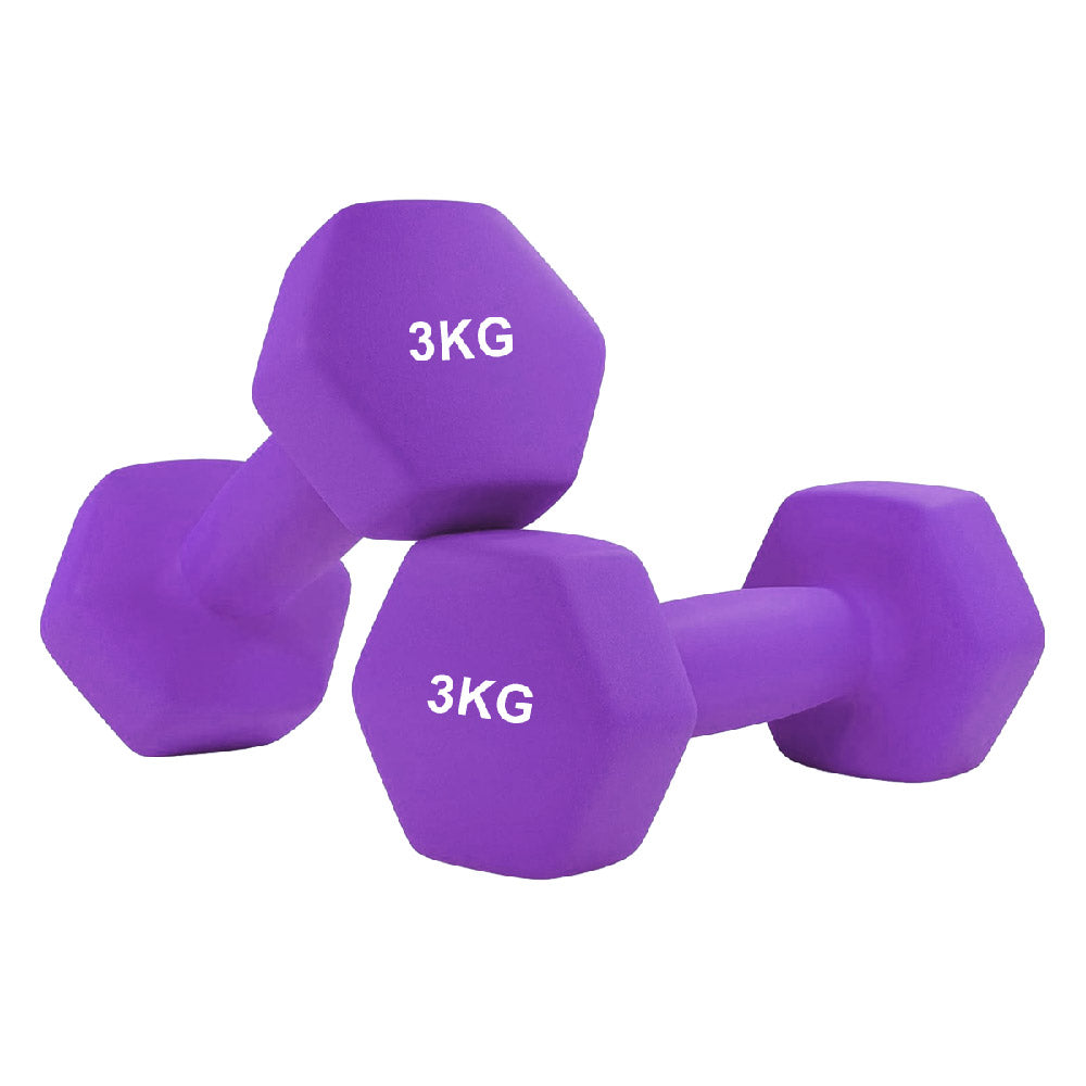Purple dumbbells with '3KG' marking on a white background
