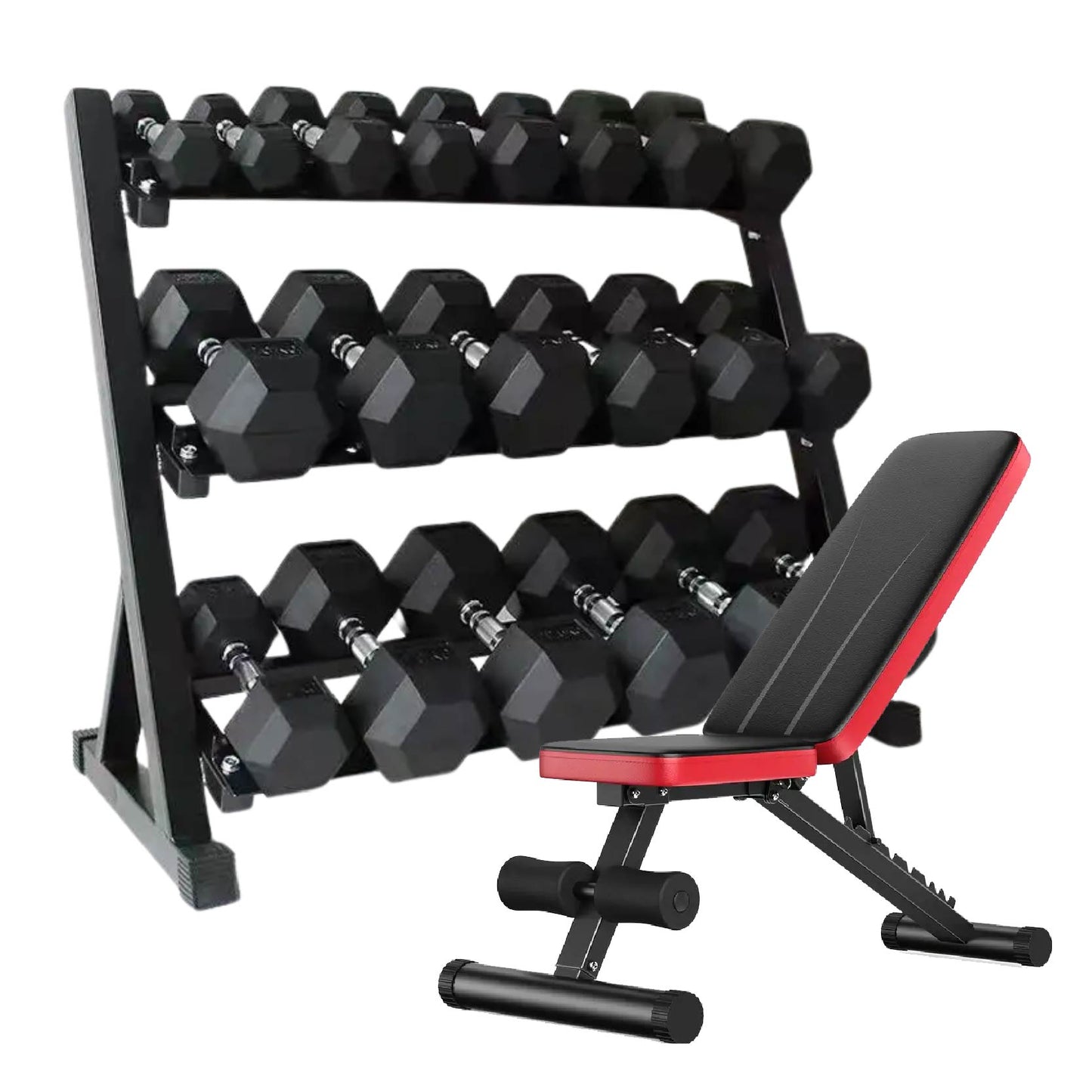 Complete Hex Dumbbell Set with 3-Layer Storage Rack | Rubber-Coated Weights 2.5kg-30kg | Premium Strength Training Equipment for Home and Commercial Gyms