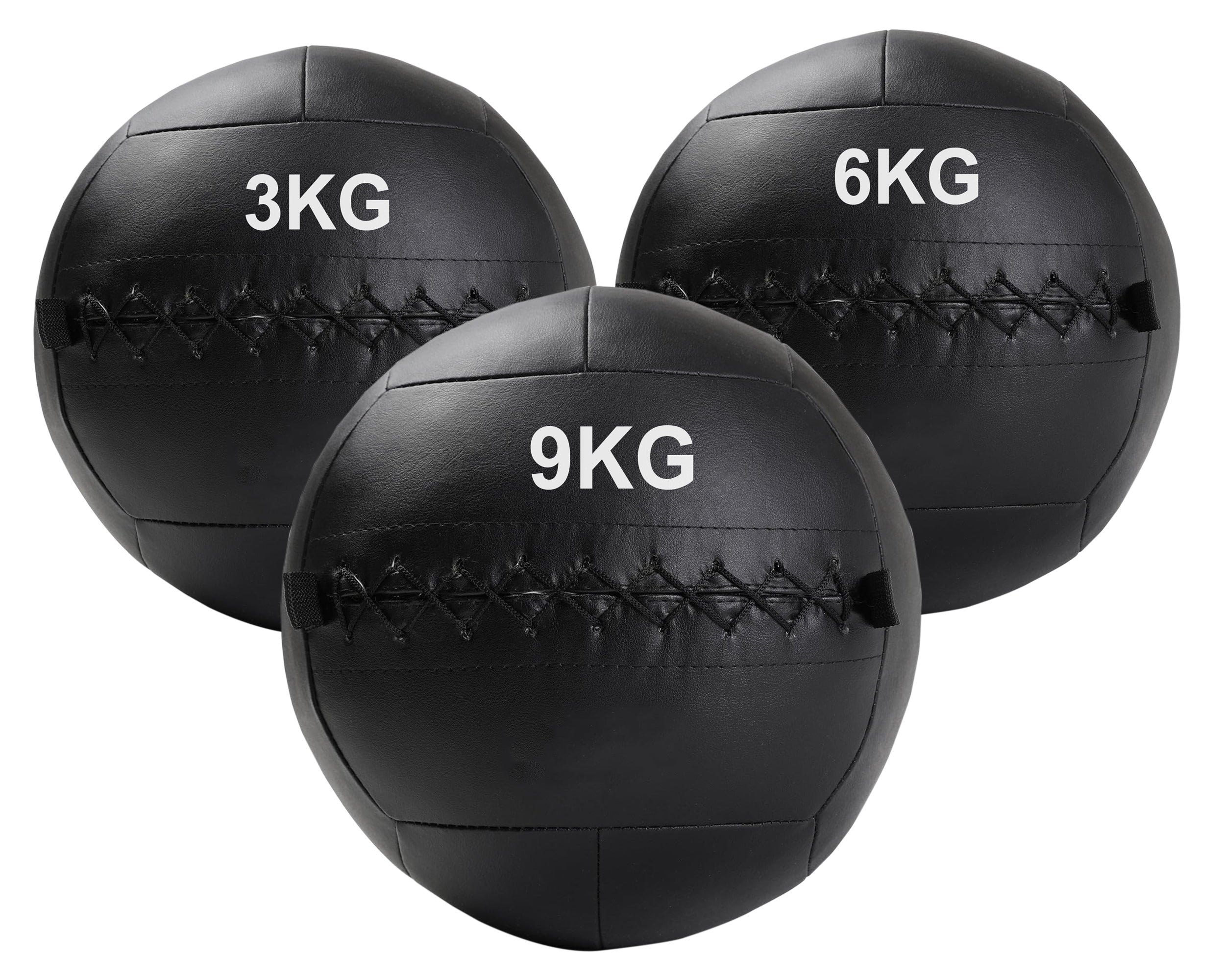 A black, double-stitched, textured wall ball with the weight '3KG,6KG,9KG' printed on it.