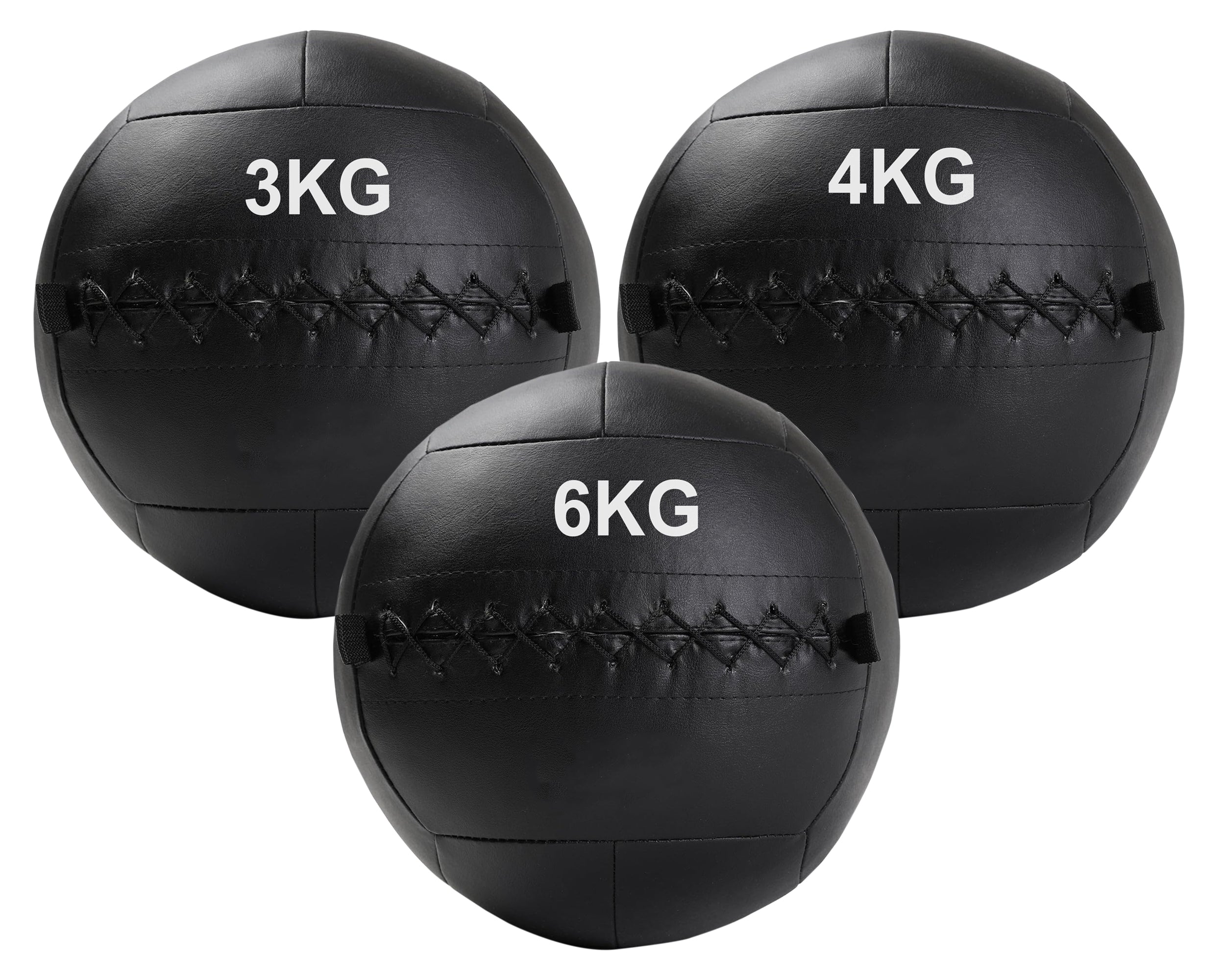 A black, double-stitched, textured wall ball with the weight '3KG,4KG,6KG' printed on it.