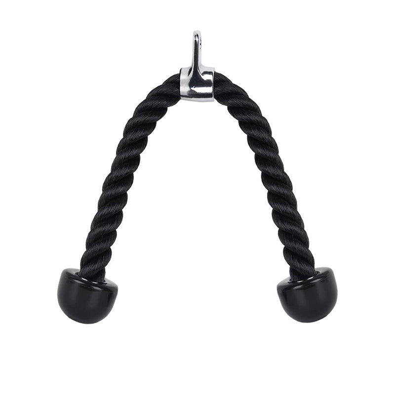 Black rope handle with metal clip on a white background