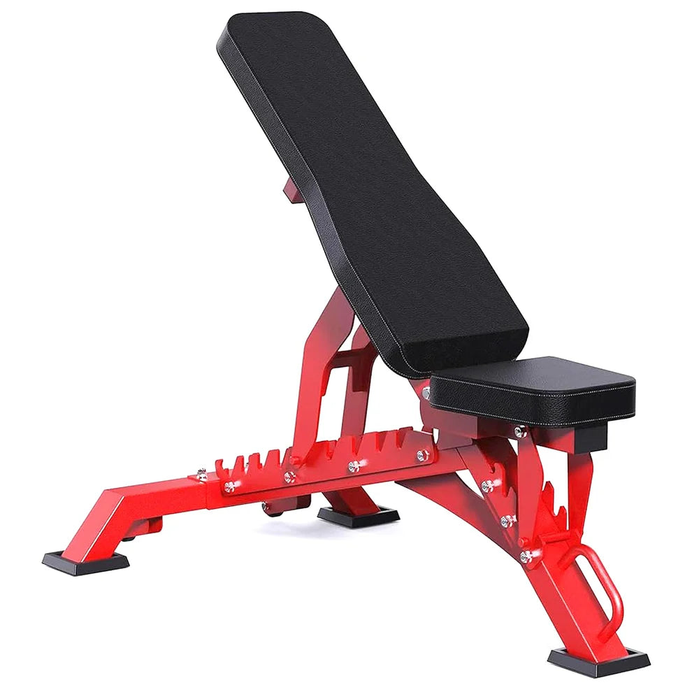 Red and black weight bench on a white background