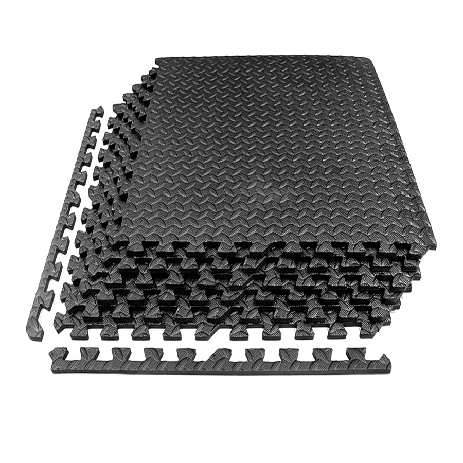 Black interlocking foam mats on a white background