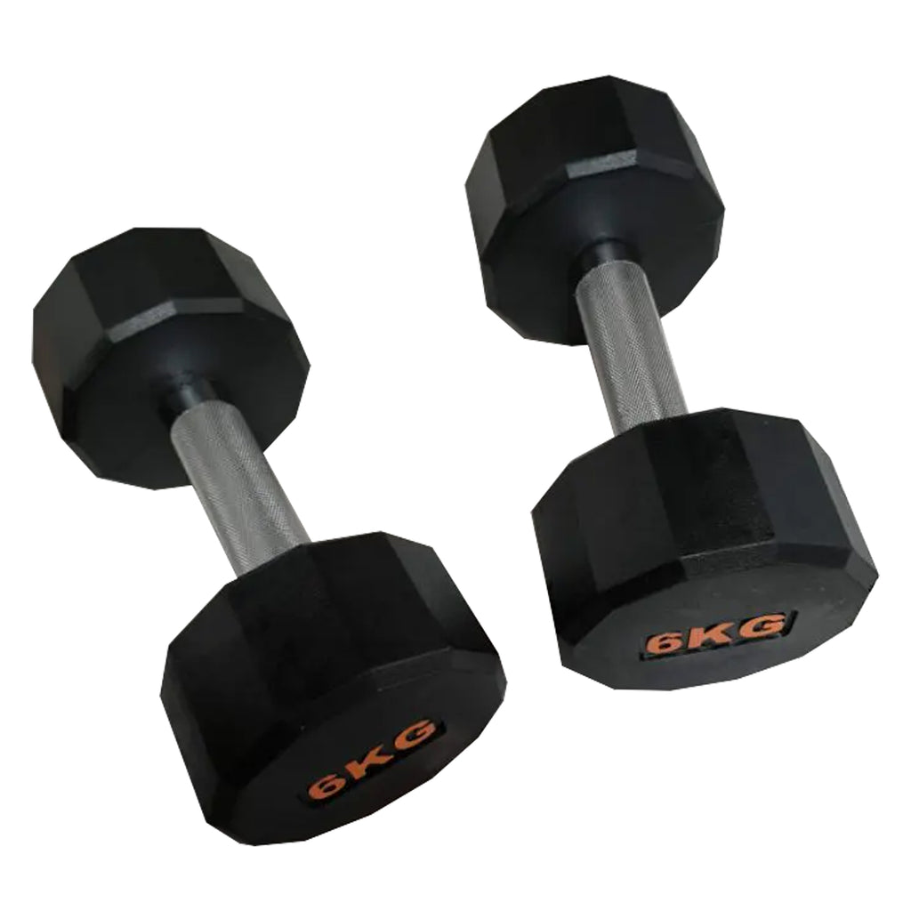 Pair of black hexagonal dumbbells with '6KG' marking on a white background