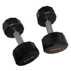 Pair of black hexagonal dumbbells with '6KG' marking on a white background