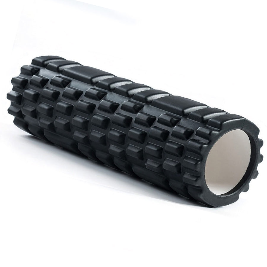 A black EVA foam massage roller with a grid pattern, designed for deep tissue recovery.